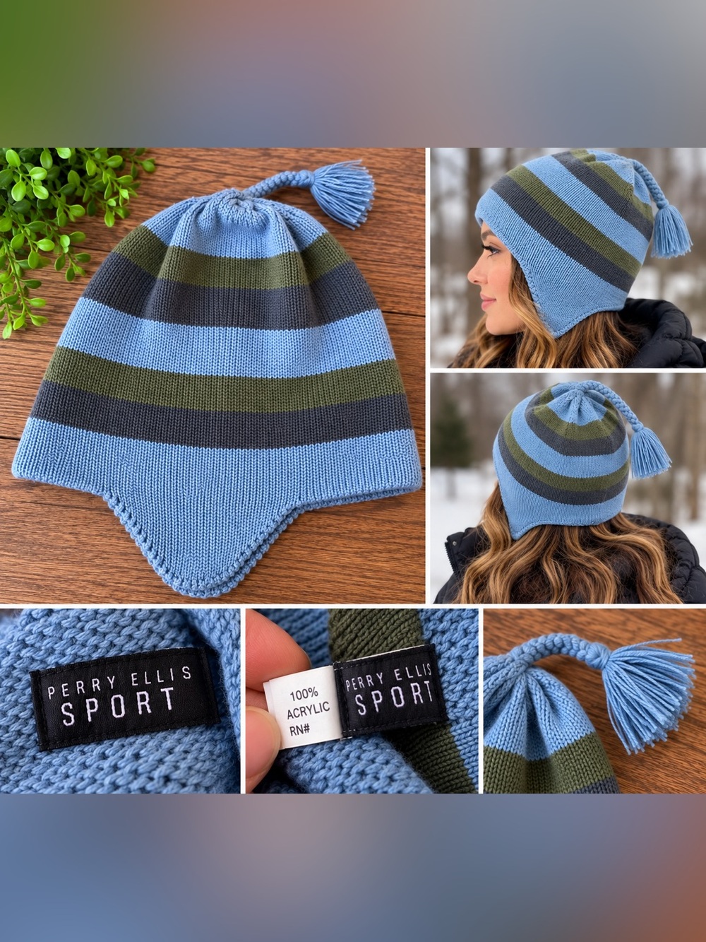 Vintage Y2K Perry Ellis Sport Striped Knit Earflap Beanie 🧢❄️